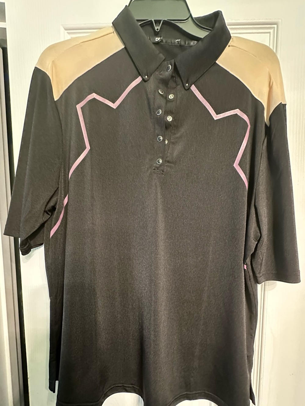 DKNY Golf Black Polo Shirt with Tan Shoulders and Pink Trim
